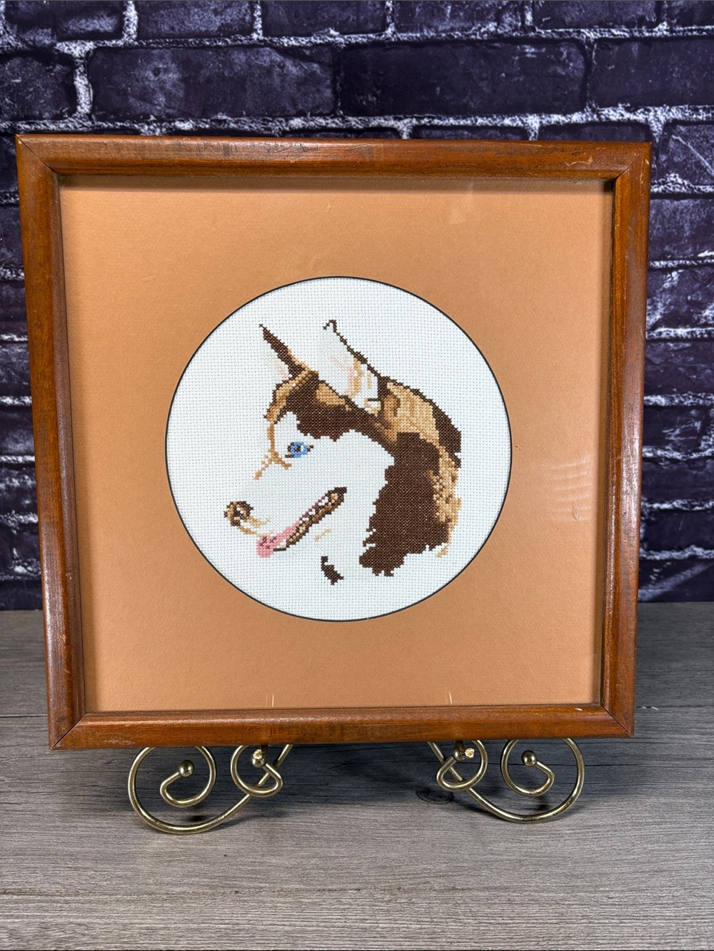 Framed Husky Dog Cross-Stitch Wall Art - Brown